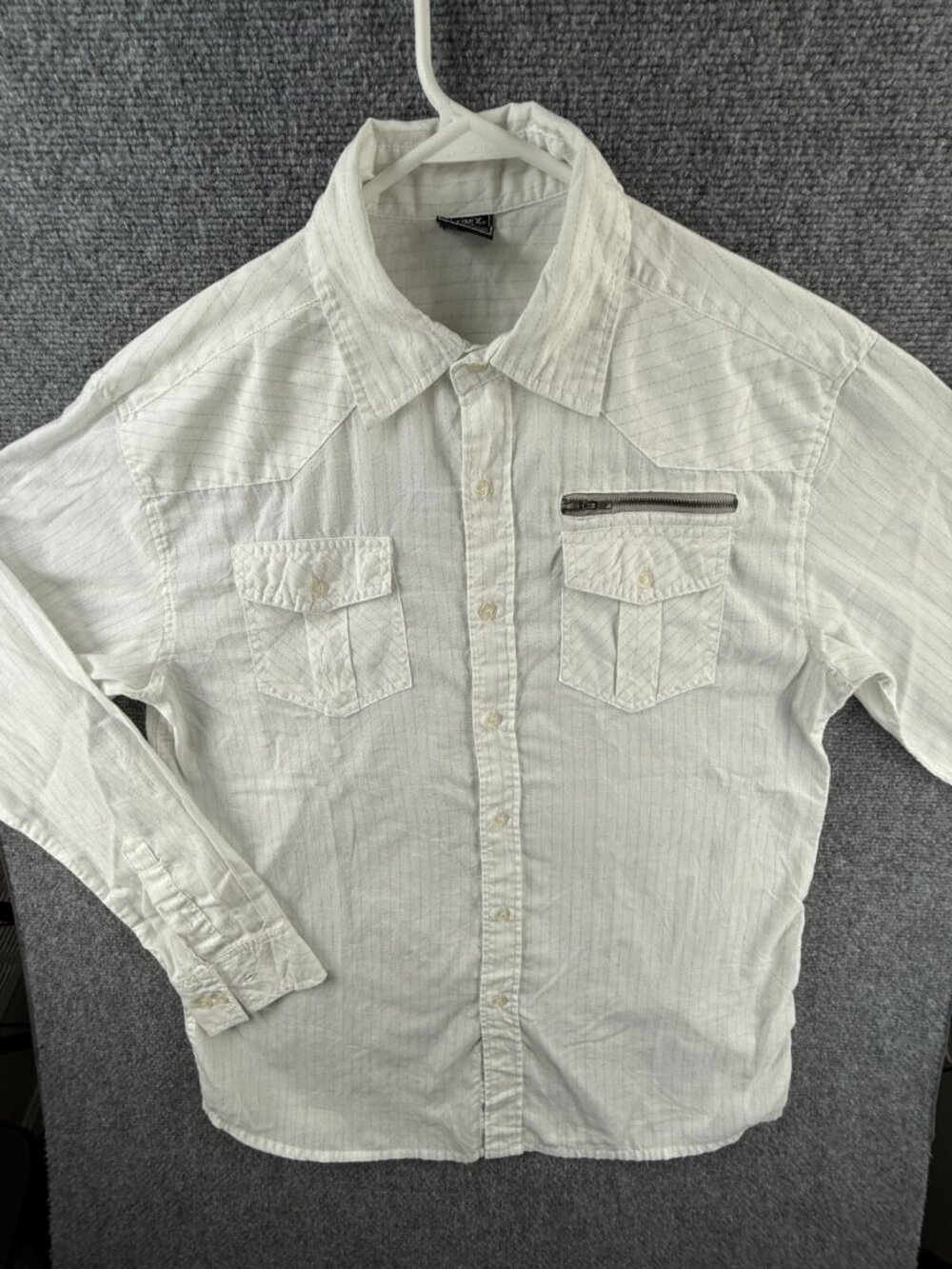 Avirex Striped Zip Pocket Button Up Shirt Long Sleeve Men White Large Cotton Mix